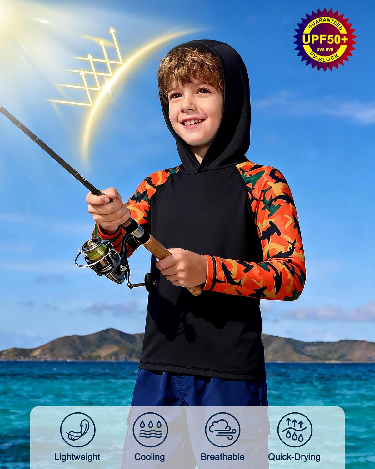 Skiennix Boys Rash Guard Swim Hoodie - UPF 50+ UV Protection Long Sleeve Fishing Shirt | Youth SPF Water Shirt