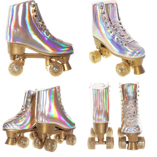 JajaHoho Roller Skates for Women, Holographic High Top PU Leather Rollerskates, Shiny Double-Row Four Wheels Quad Skates for Girls and Age 8-50 Indoor Outdoor (Size 7, Champagne Gold)