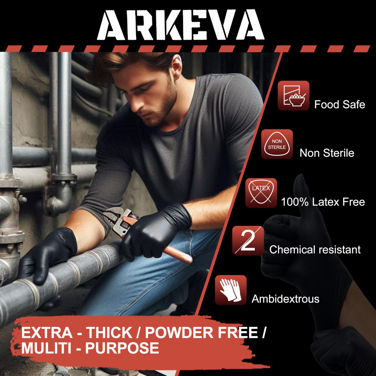 ARKEVA Black Nitrile Disposable Gloves 6 Mil. Chemical Resistance, Tear-Resistance, Latex & Powder Free (100, Large)
