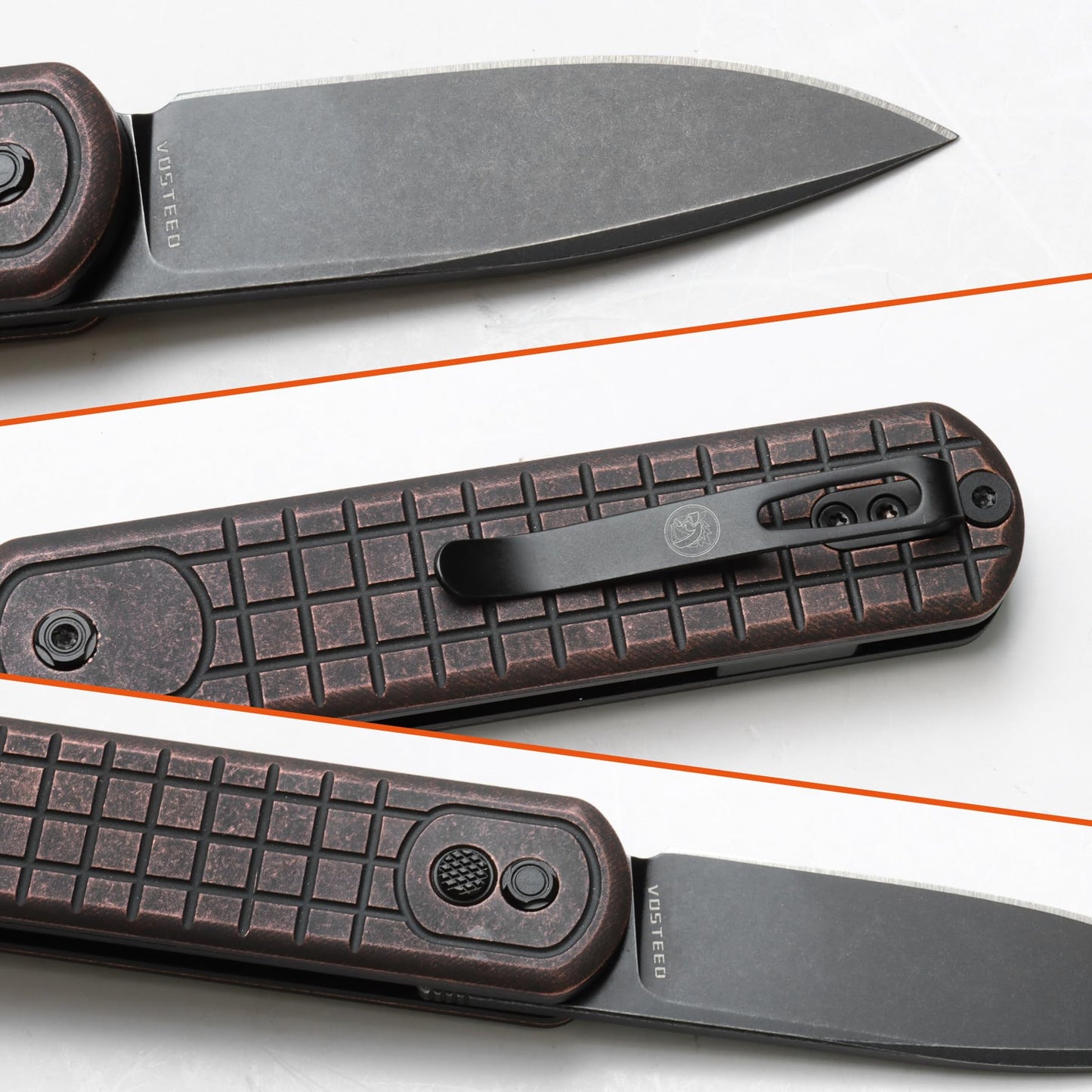 Vosteed Corgi Small EDC Pocket Knife - 2.99" Nitro-V Black Stonewash Blade - Patented Trek Lock, Copper Handle for Hiking, Camping - A0715