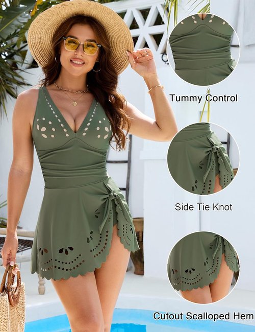 Blooming Jelly Women's One-Piece Swim Dress - Tummy Control & Slimming Full Coverage Bathing Suit