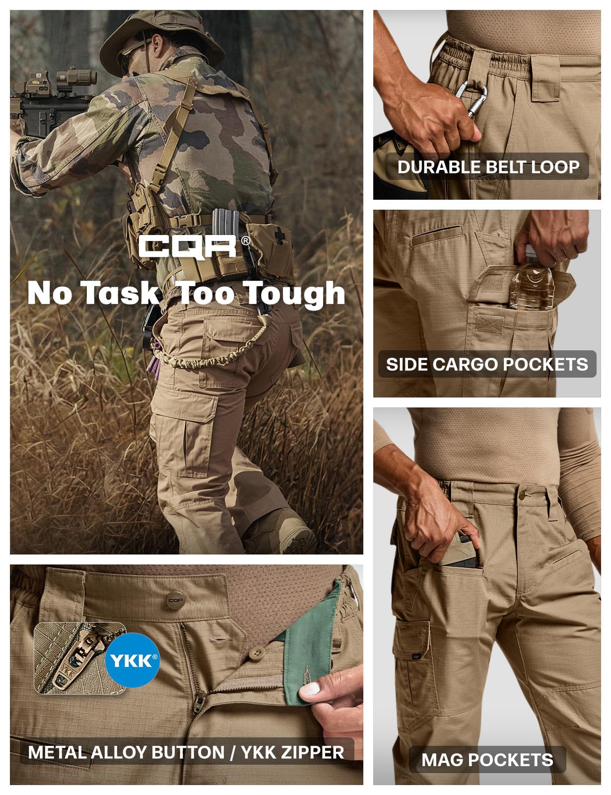 CQR Men's Tactical Pants, Water Resistant Ripstop Cargo Pants, Lightweight EDC Work Hiking Pants, Outdoor Apparel, Raider Cougar, 44W x 30L