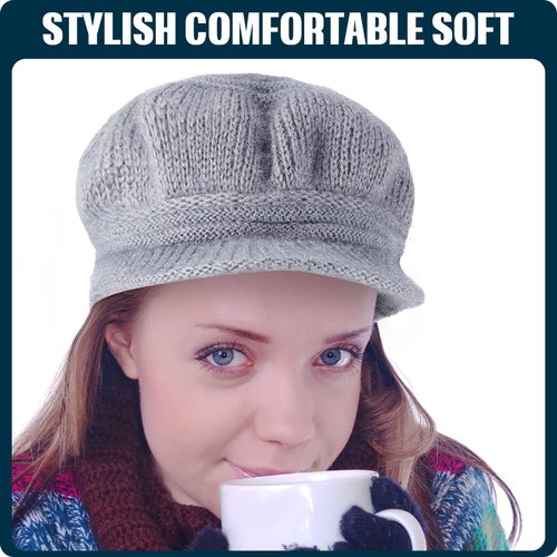 Mepase 3 Pieces Women Warm Hat for Winter Slouchy Beanie Cap with Visor Knitted Newsboy Hats for Women Ski Snow(Burgundy, Gray, Black)