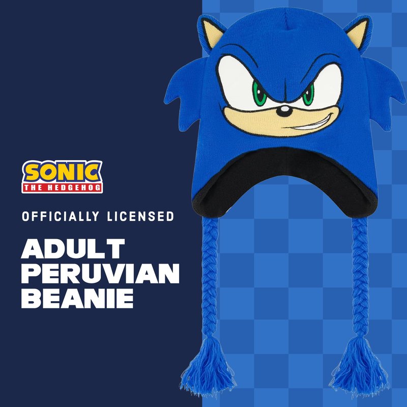 Sonic The Hedgehog Winter Peruvian Knit Beanie, Cuffed Winter Knit Cap, Large Sonic Face with 3D Ears, Blue, One Size