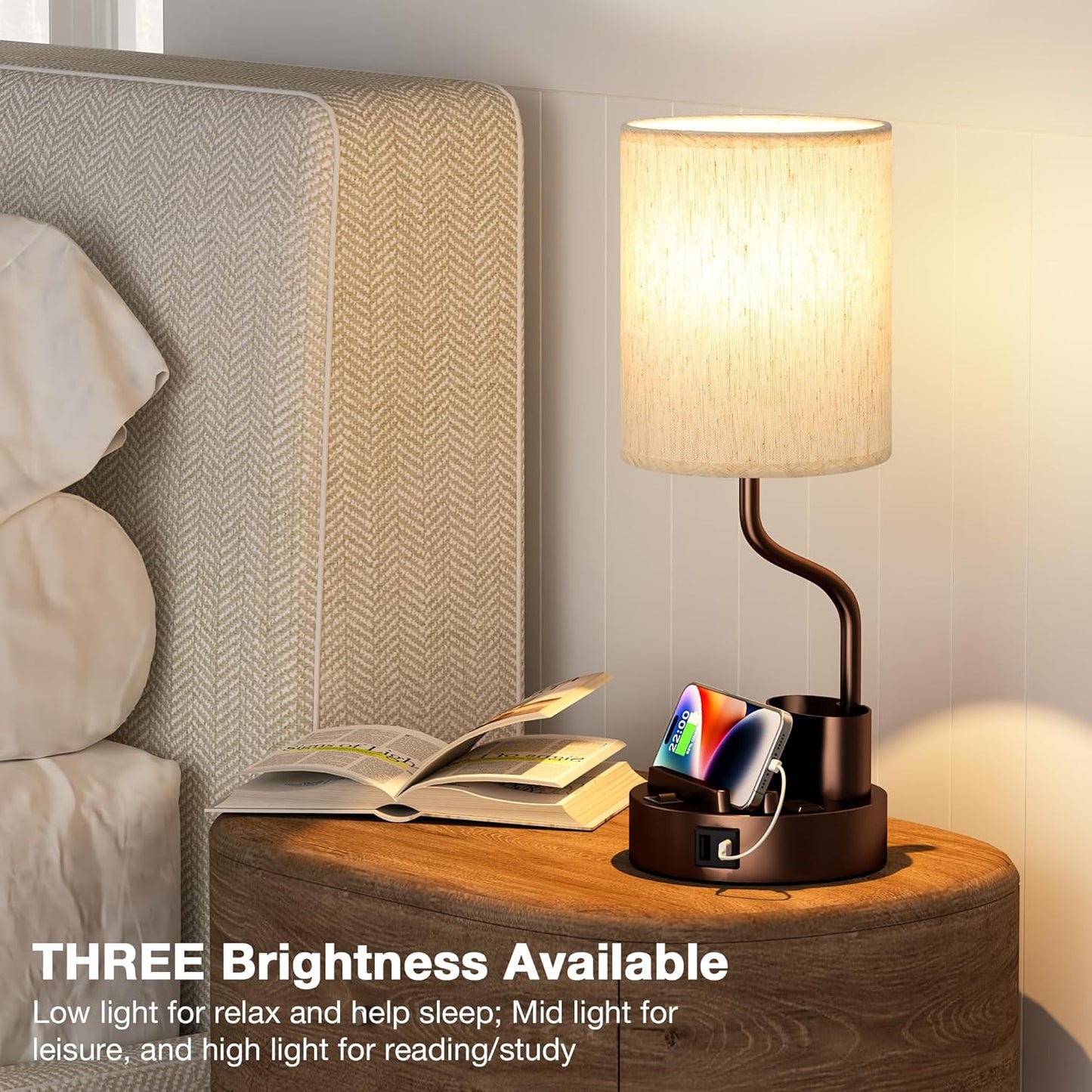 Set of 2 Bedside Table Lamps with USB & AC Outlet - 3 Color Temperatures, Desk Light & Phone Stand for Bedroom, Living Room, Office