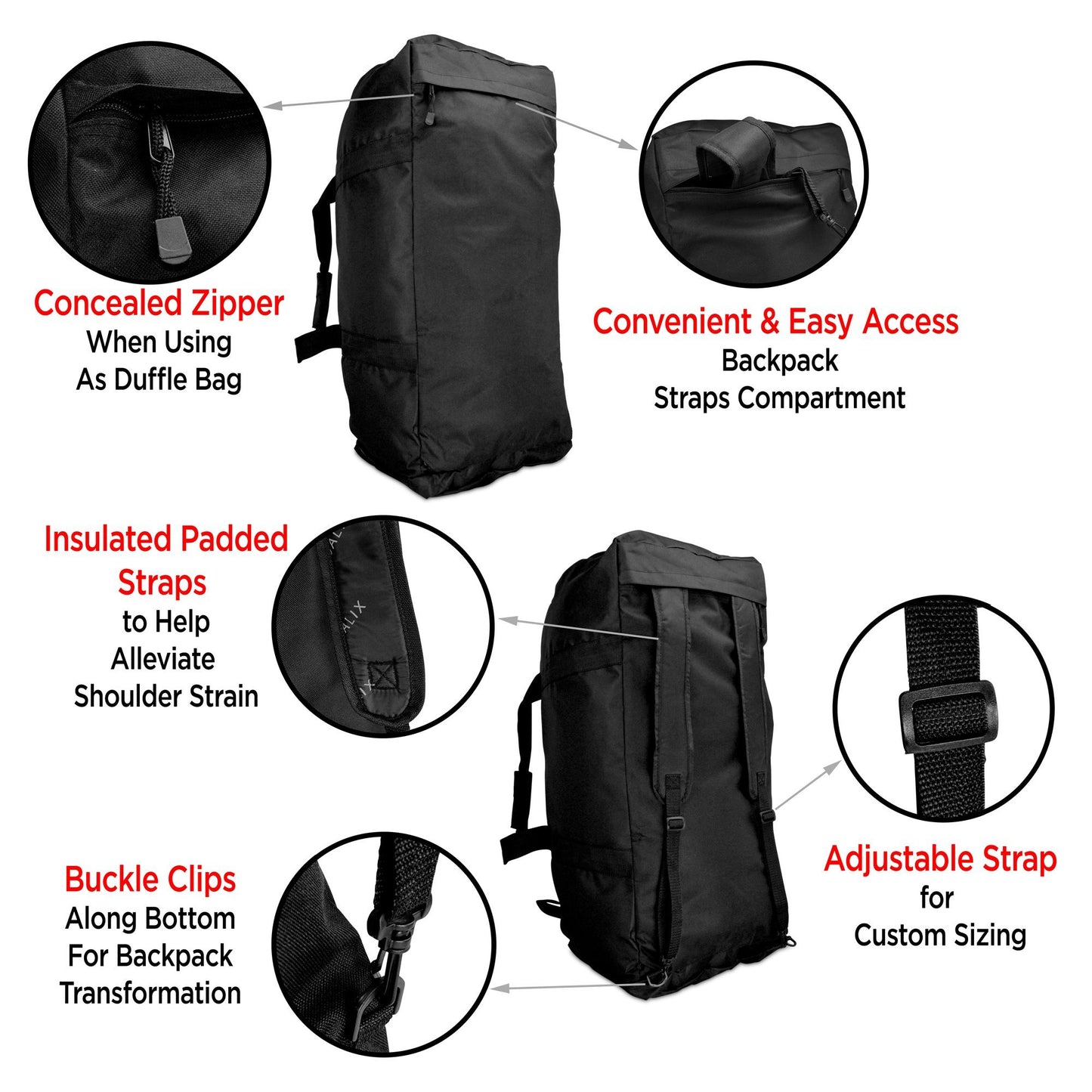 Dalix Extra Large Duffle Bag Outdoors Sports Duffel Bag (Turns Into Backpack)