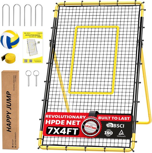 Happy Jump Portable Volleyball Rebounder Net - 7x4 FT Heavy-Duty Trainer with 5 Adjustable Angles & Volleyball