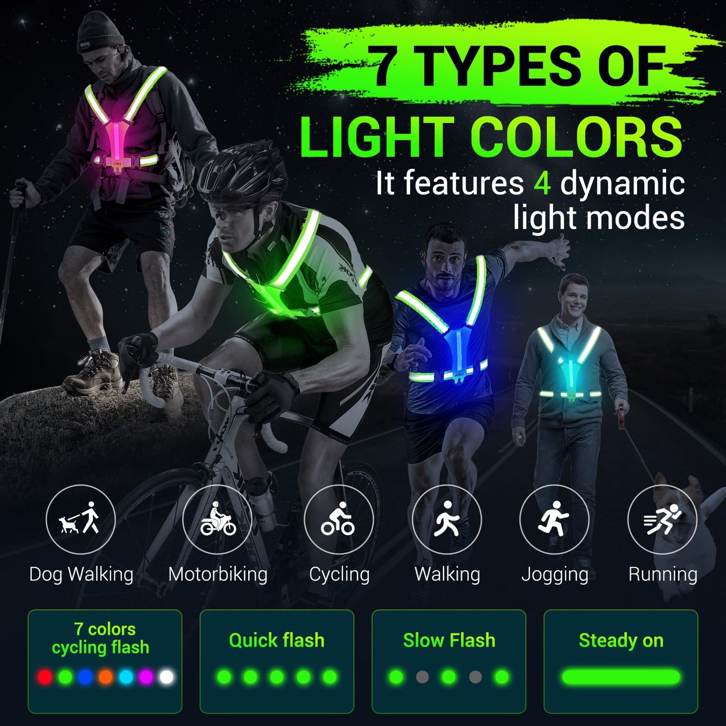 VJEUK Led Reflective Vest Running Gear，7 Lights Colors Light Up Running Vest, Rechargeable High-Visibility Adjustable Vest for Running, Cycling, and Night Activities（Green）