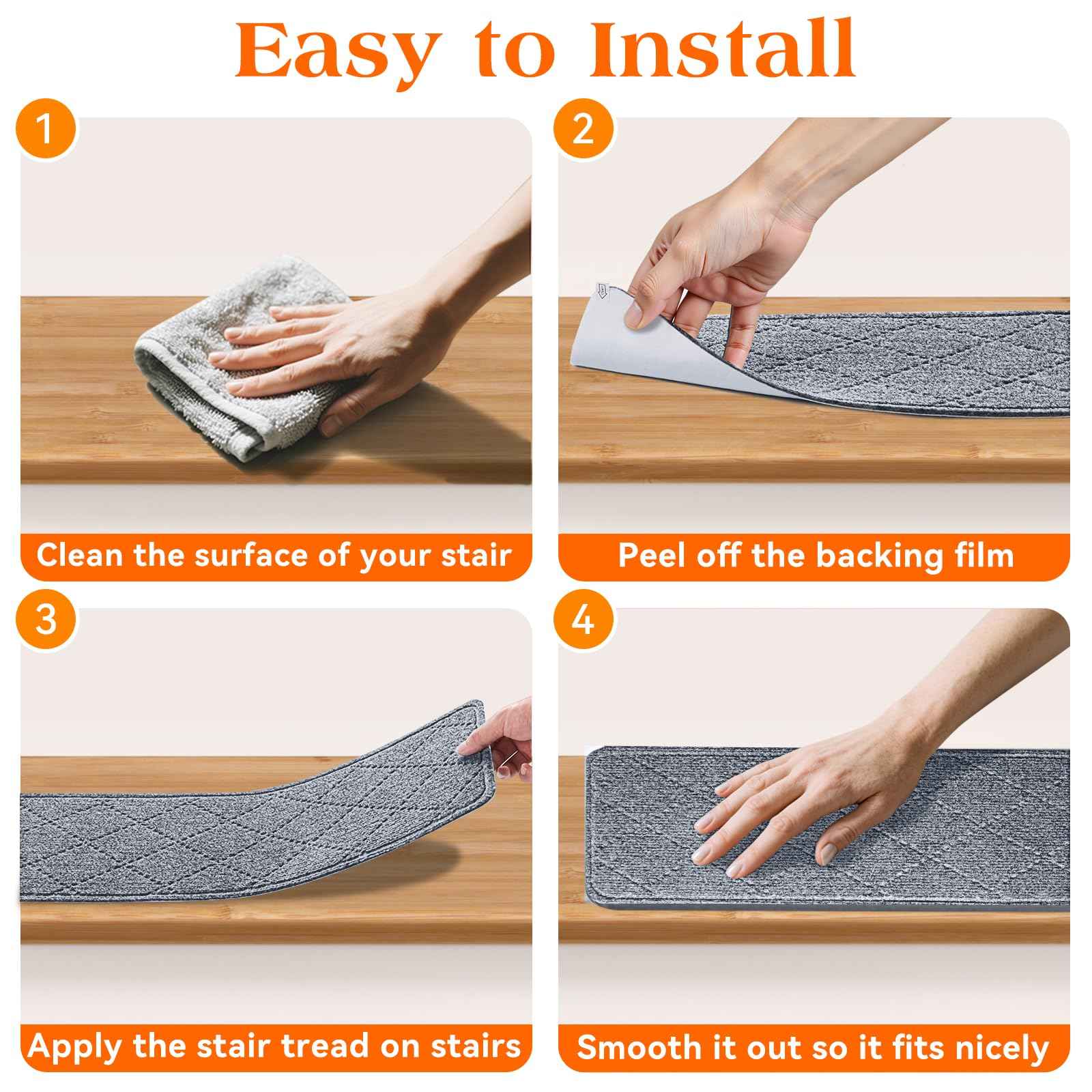 DailyCuddles Stair Treads for Wooden Steps 4 PCS - 8’’ x 30’’, Non Slip Stair Runner, Machine Washable Stair Rugs Strips for Kids Pets and Elderly, Indoor Carpet for Stairs (Grey)