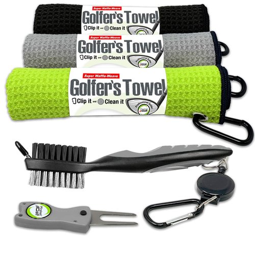 Fireball Golf US Based Towel Gift Set - 3 Golf Towels, Divot Tool, Ball Marker, Cleaning Brush - Many Colors, Gifts for Men, Women, Children