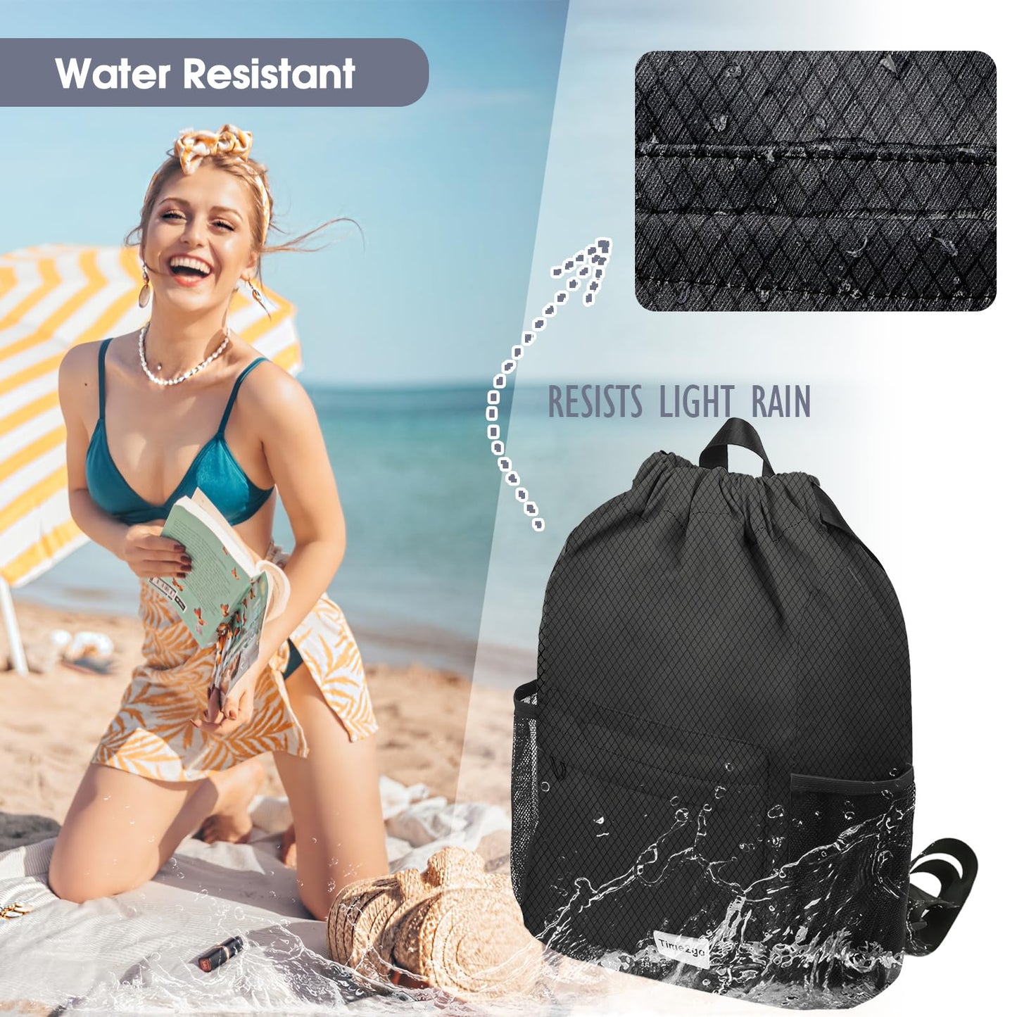 time2go Waterproof Drawstring Backpack Sports Gym Sackpack with Mesh Pockets Water-Resistant String Cinch Beach Bag for Men Women