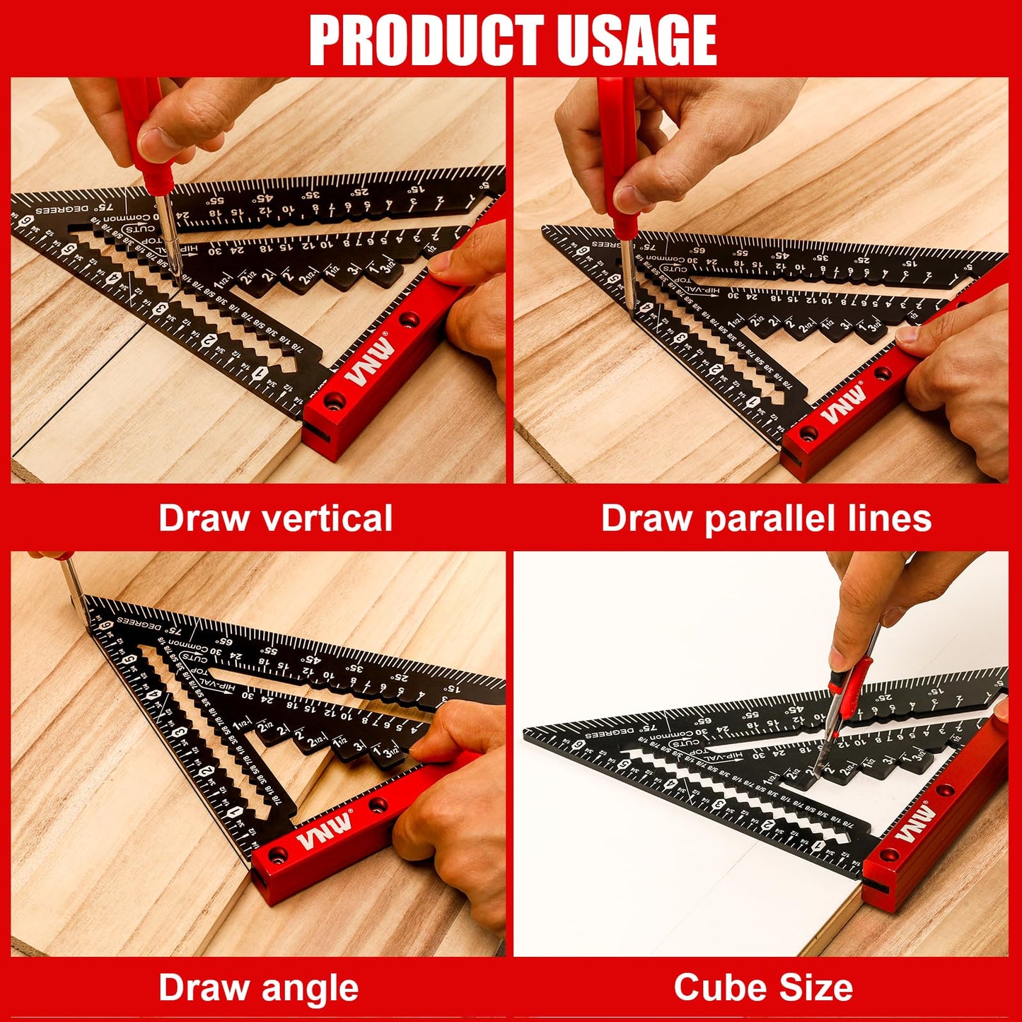 VNW 7inch Rafter Square with Carpenter Pencil, 1/8" Precision Heavy Duty Aluminum Woodworking Rule,Triangle Ruler Measuring Layout Tool (Black, Rafter Square)