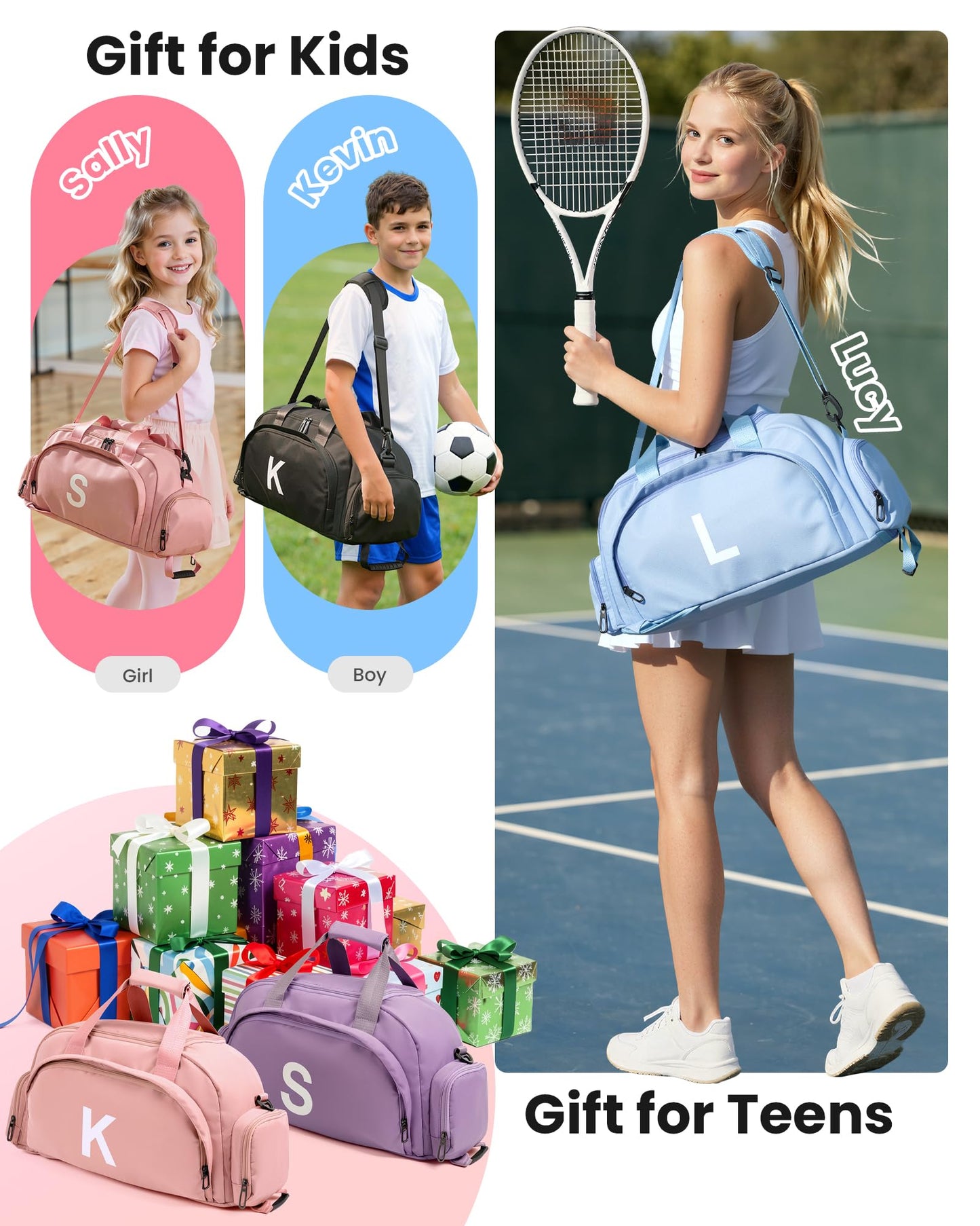 Vogewood Teen Girl Gifts Trendy Stuff, Initial Gym Bags with Shoe Compartment, Dance Bag for Girls, Monogram Kid Overnight Bags, Birthday Gifts for Granddaughter-Holiday Gift Set (Letter M)