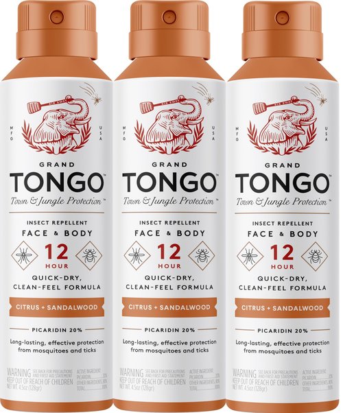 Grand Tongo Citrus + Sandalwood Insect Repellent, 12-Hour Mosquito & Tick Protection, Picaridin-Based, Water-Based, Lightweight, Quick-Drying, Vanishing Scent, DEET Alternative, Face & Body Use,3 Pack