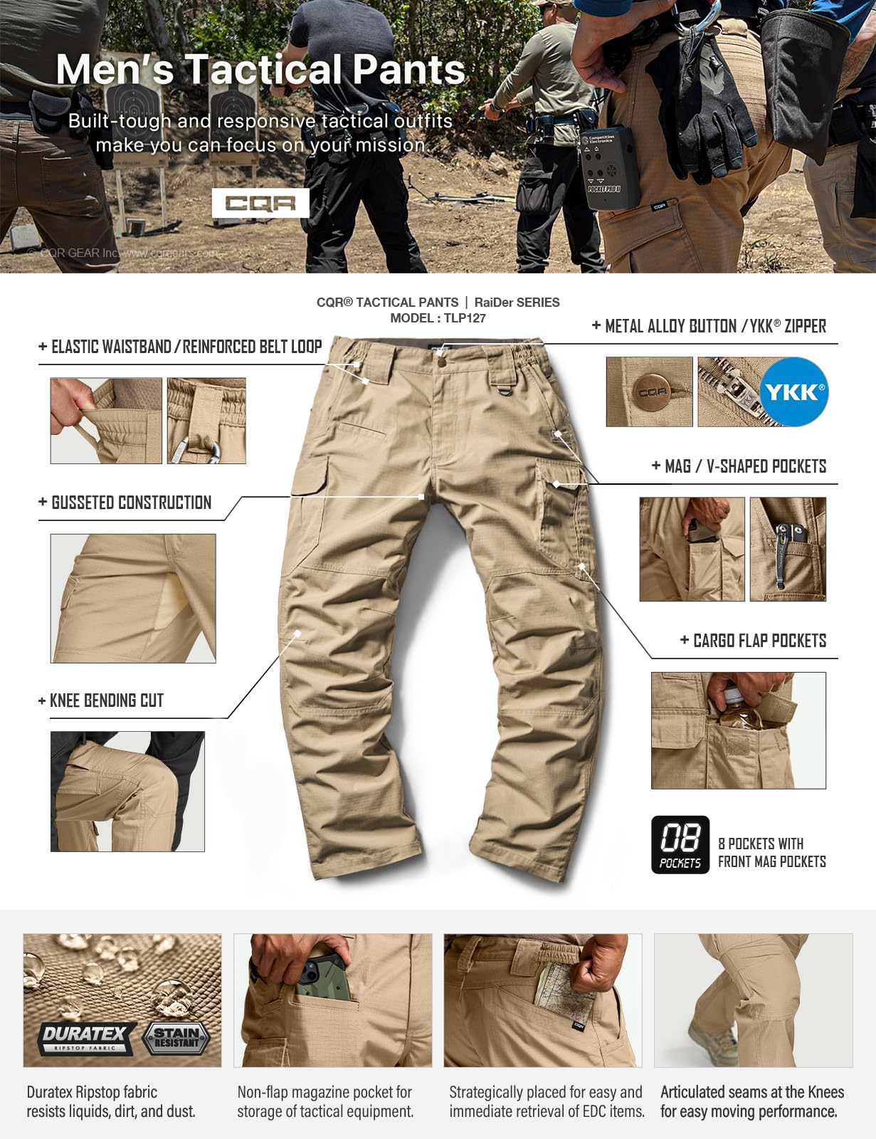 CQR Men's Tactical Pants, Water Resistant Ripstop Cargo Pants, Lightweight EDC Work Hiking Pants, Outdoor Apparel, Raider Mag Pocket Khaki, 34W x 32L