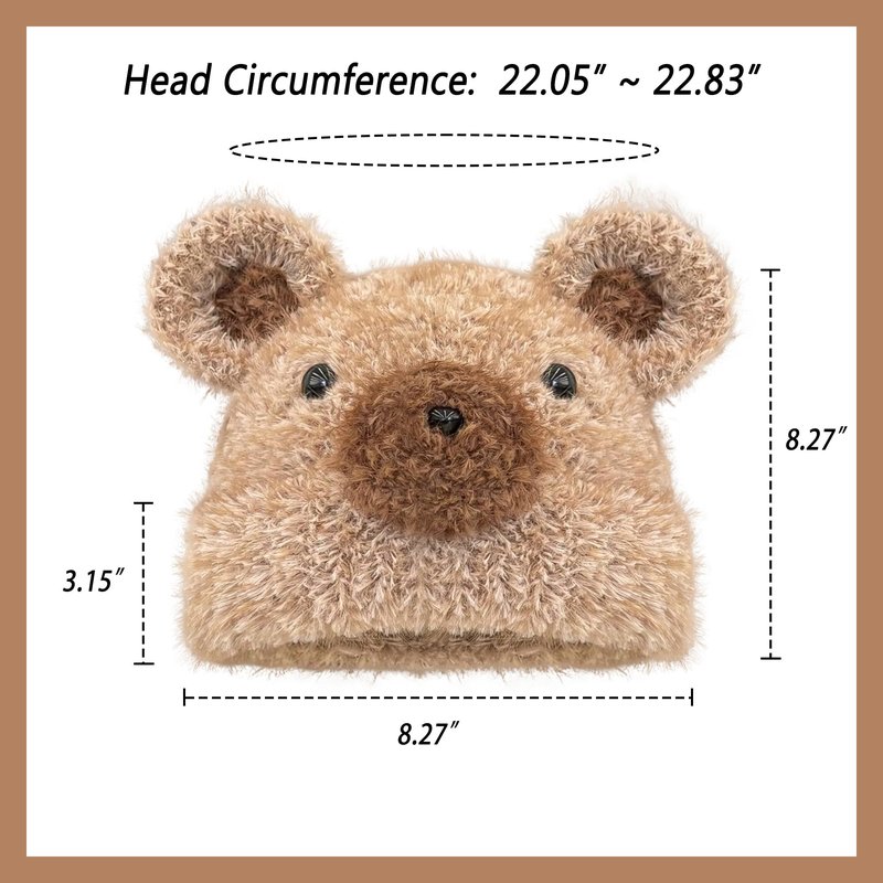URAWOW Kawaii Bear Beanie Plush Hand Knitted Beanie Skull Cap Fur Fuzzy Furry Winter Hats for Man Women Accessories Brown