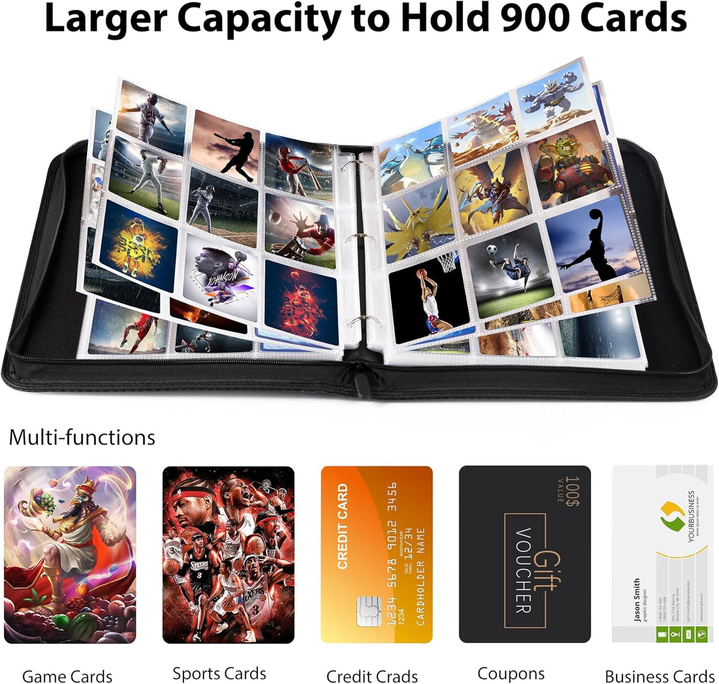WOT Trading Card Binder - 900 Pocket Zippered Holder for Baseball & Football Cards | Durable & Portable