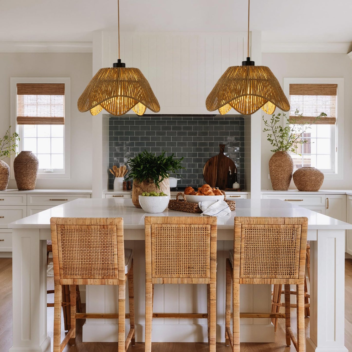 ZSDHXi Plug in Pendant Light, Boho Rattan Hanging Lights with Plug in Cord,Rustic Hand Woven Wicker Hanging Lamp with On/Off Switch, Adjustable Plug in Ceiling Light for Kitchen Bedroom Living Room