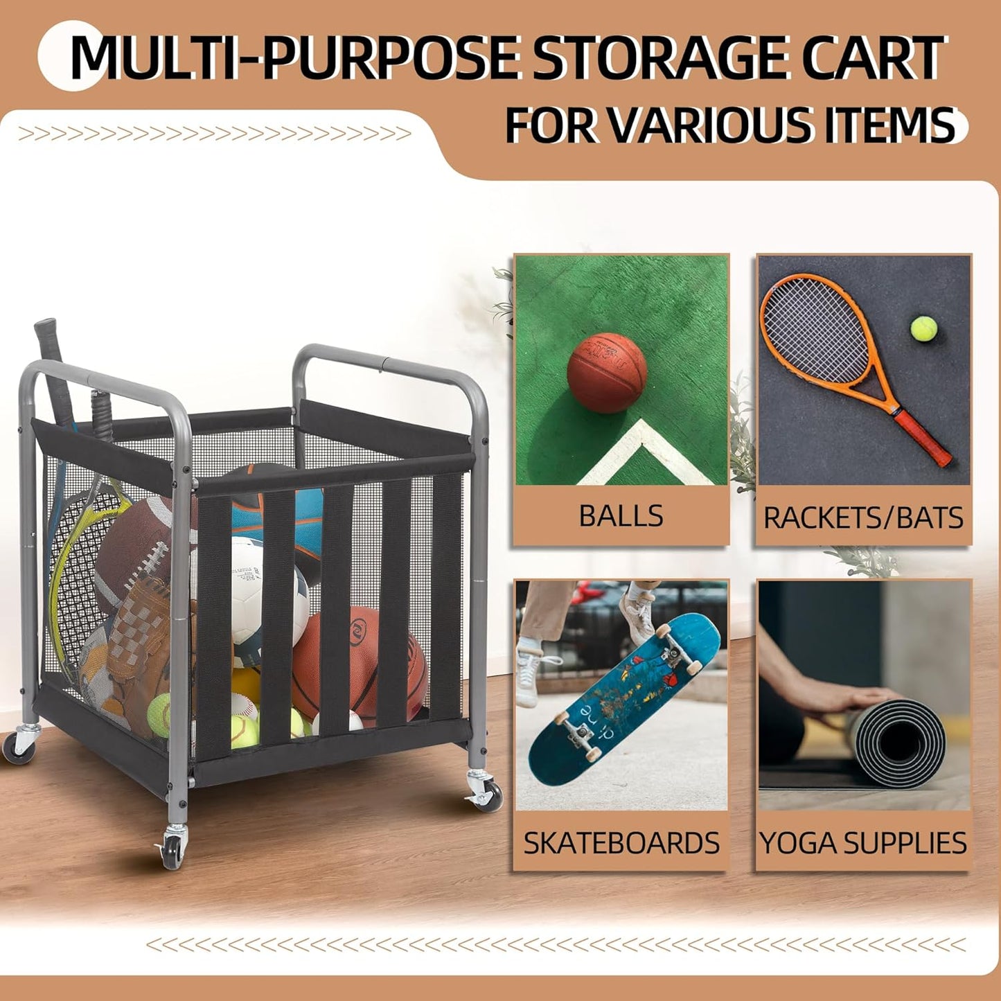 Storage Maniac Ball Storage Bin - Rolling Sports Ball Cart for Garage & Gym | Metal Organizer for Indoor & Outdoor Equipment
