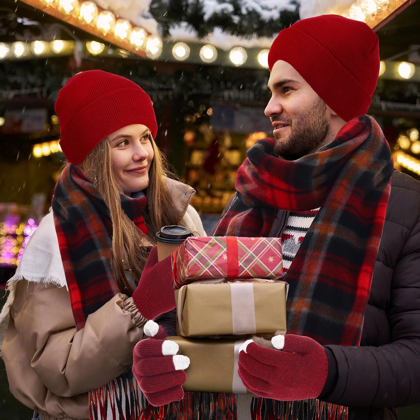 Chicingyou 90 Pcs Hats Scarves Gloves Supplies Bulk Winter Beanies Red Grids Scarves Touchscreen Gloves for Men Women