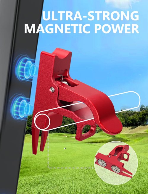 MAGOLFIN Magnetic Golf Cart Holder with Fork Design, Aluminum Alloy Magnetic Holder with Dual-Gate Carabiner, Easily Hold 30-80 Rings, Golf Cart Accessories, Ideal Golf Gifts for Men - Red