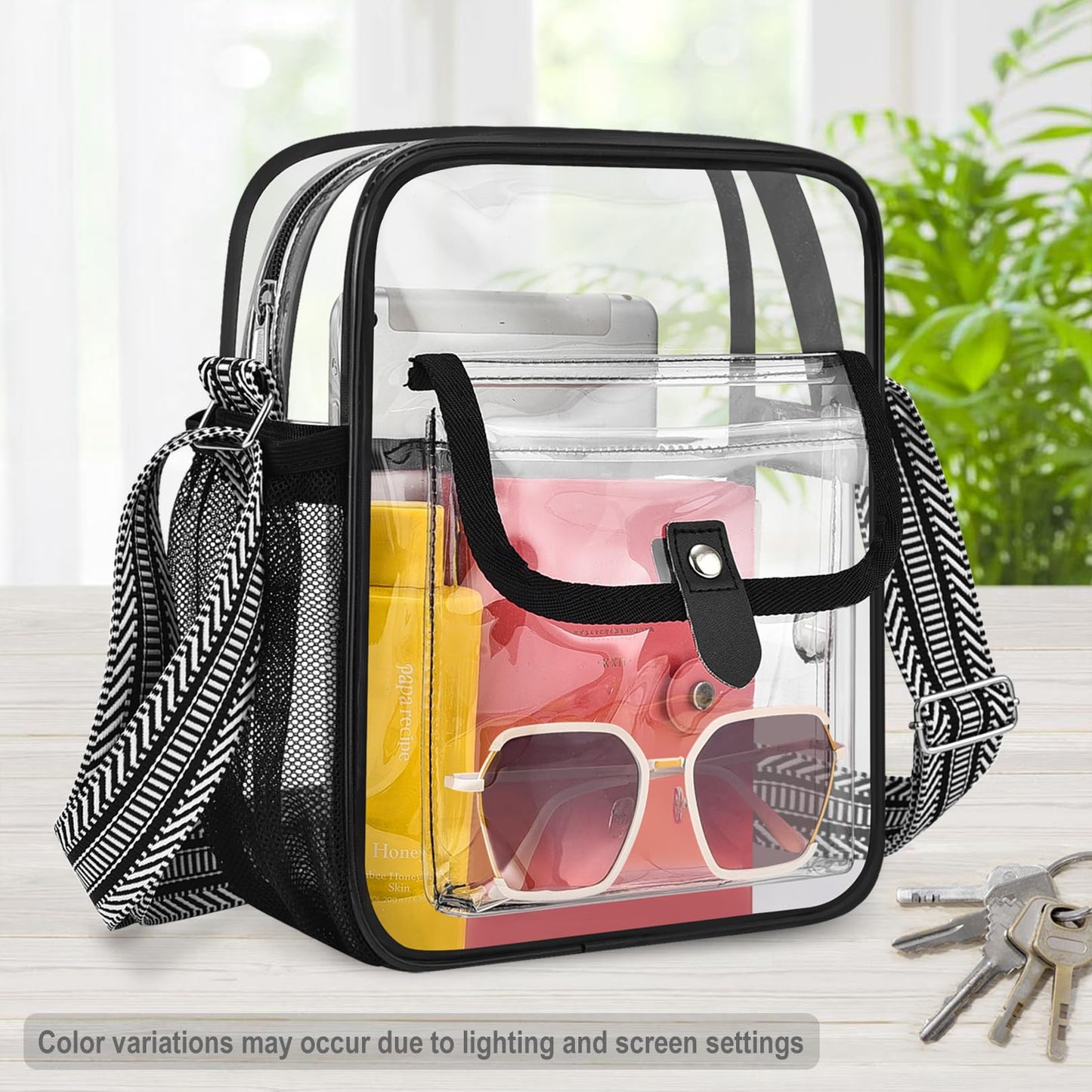 SPODEARS Black Clear Crossbody Bag with Guitar Strap for Stadium, Concert, Festival & More - Adjustable Shoulder Strap & Bottle Holder, Medium