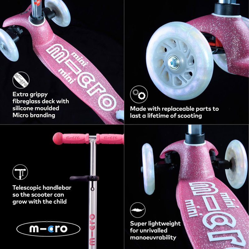 Micro Kickboard | Mini Deluxe Glitter LED Scooter | Adjustable Handlebar | Lean-to-Steer | Lightweight | Three-Wheeled | Kids Ages 2-5 yrs (Glitter Pink)