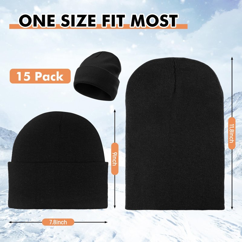 Huiguli 15 Pack Winter Beanie Hats Bulk, Knit Skull Caps & Toboggan for Men & Women - Warm Cozy Thermal Cuffed Beanies for Cold Weather (Black)