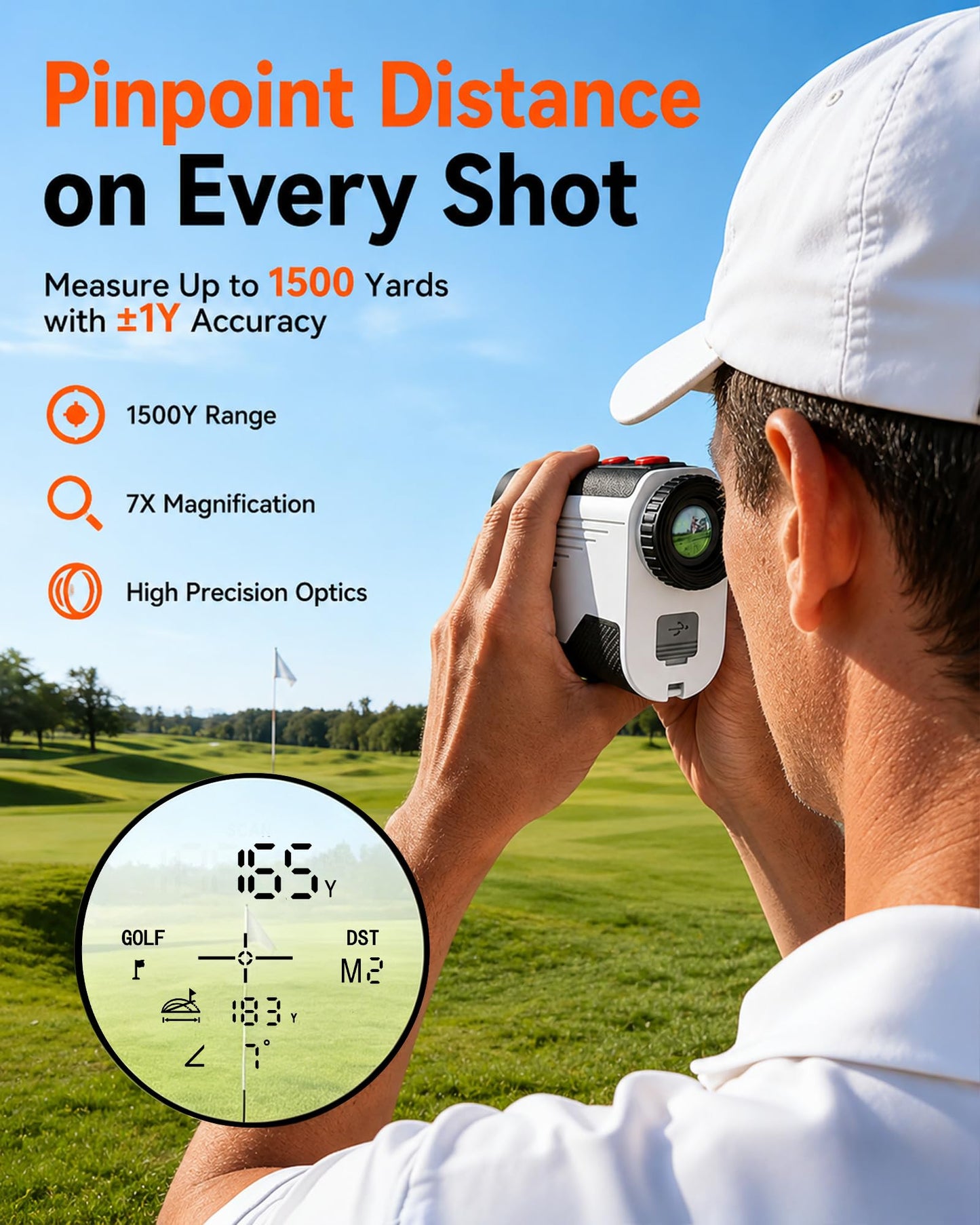 Golf Rangefinder with Slope, 1500 Yards Laser Range Finder with Flag Lock Vibration, 7X Magnification, Rechargeable Golf Rangefinder with Magnetic Mount, Fast Accurate Distance for Golf & Hunting
