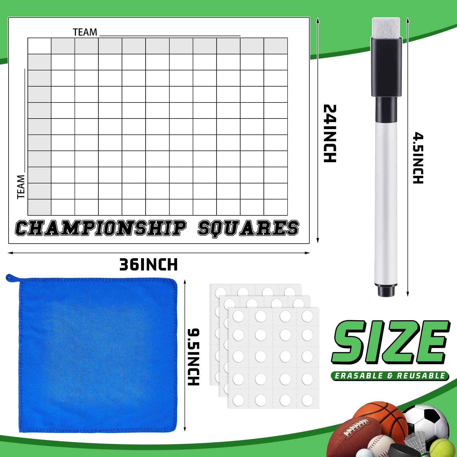 100 Football Squares Board Dry Erase Office Pool Game Set - 24 x 36 Inch Score Record Poster with Dry Erase Pen and Cleaning Cloth, Ideal for Sport Party Decorations