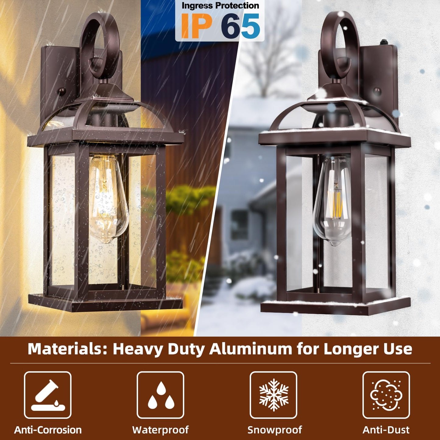 Roravilila Dusk to Dawn Outdoor Lighting Oil Rubbed Bronze 2-Pack, 15 Inch Aluminum Anti-Rust Front Porch Lights with IP65 Clear Tempered Glass Exterior Light Fixtures for House Brown Carriage Lights