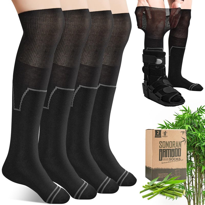 SONORAN Bamboo Viscose Walking Boot Socks (2 Pairs) Lightweight Replacement Sock Liner for Medical Tube Cast Socks to Wear Under Air Cam Walkers and Leg or Foot Fracture Boot Black