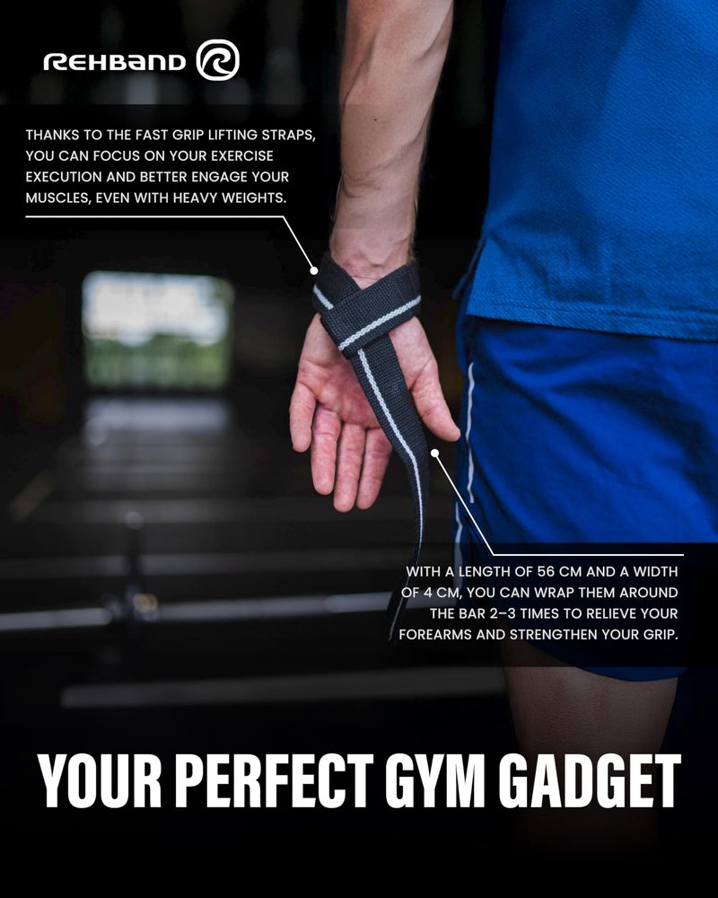 Rehband Lifting Straps for Strength Training, 1 Pair Fitness Pull Straps, 100% Cotton, 56cm Grip Support for Bodybuilding, More Grip Strength Weightlifting, Colour:Carbon/Black, Size:One Size