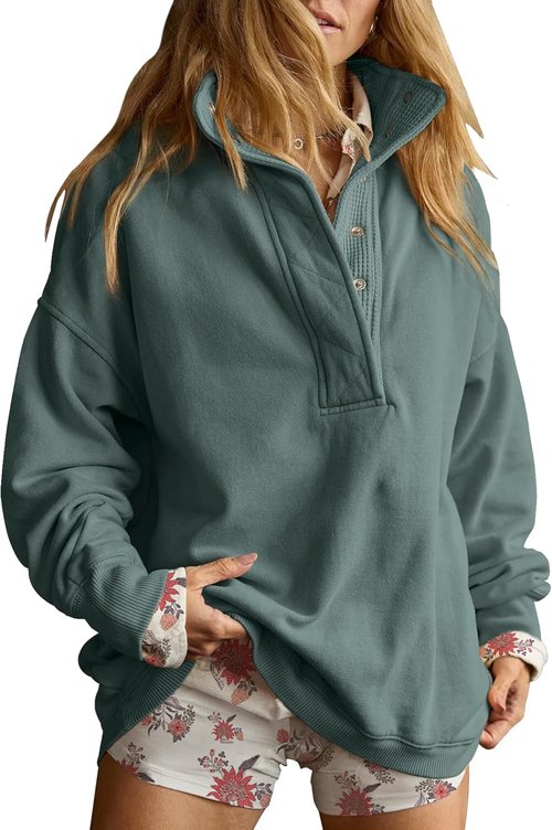 Gacaky Oversized Casual Sweatshirt - Long Sleeve Button Henley Neck Pullover for Women | Stylish Fashion Top