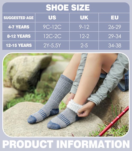 DOSKONI Kids Wool Hiking Socks Boys Girls Merino Wool Socks Thermal Winter Warm Thick Cushion Cozy Boot Crew Socks 3 Pairs-Pink Blue Yellow,12-15 Year Old