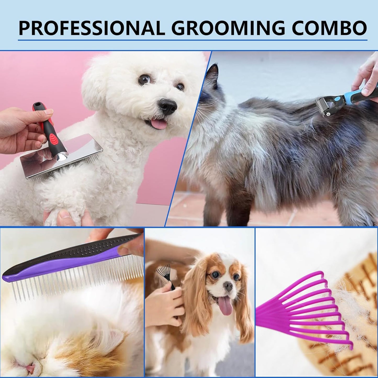 Skiennix 5-in-1 Dog & Cat Grooming Kit - Extra Long Pin Slicker Brush for Shedding & Dematting