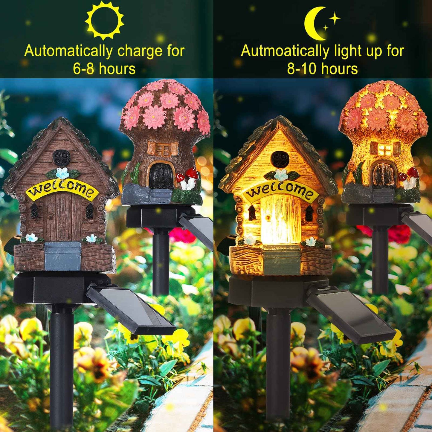 Rossesay 2 Pack Mushroom Fairy House Solar Light Halloween Outdoor Garden Home Statue LED Light Fairy Lights for Outside Christmas Garden Lawn Walkway Patio Yard Backyard Plant Decoration