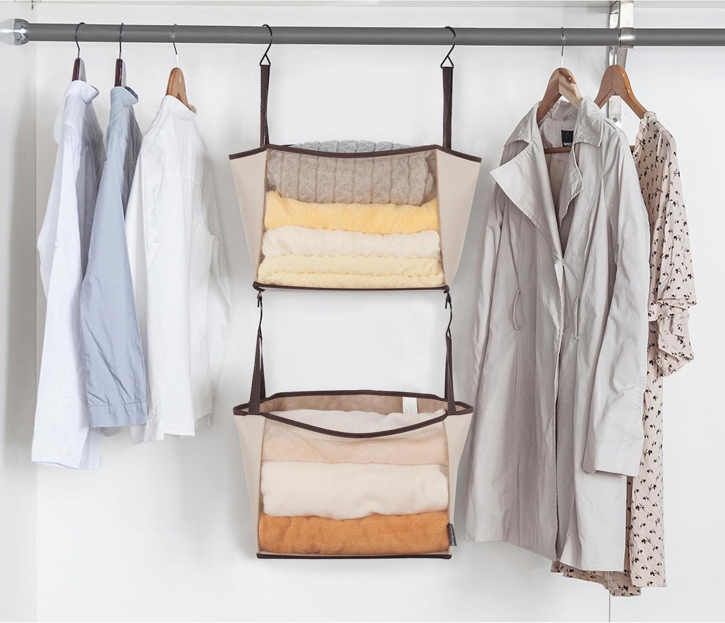 Storage Maniac 2-Shelf Hanging Closet Organizer - Canvas Shelf with Hooks for Dorm & Bedroom - Beige