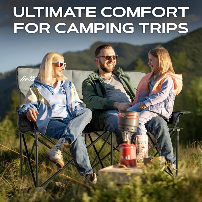 ZENTA GEAR Oversized Fully Padded Double Camping Chair, Portable Folding Loveseat w/Side & Back Pockets, Adjustable Armrests, Double-Sized Cup Holders for Outdoor, Indoor, Supports 530LBS (Black)