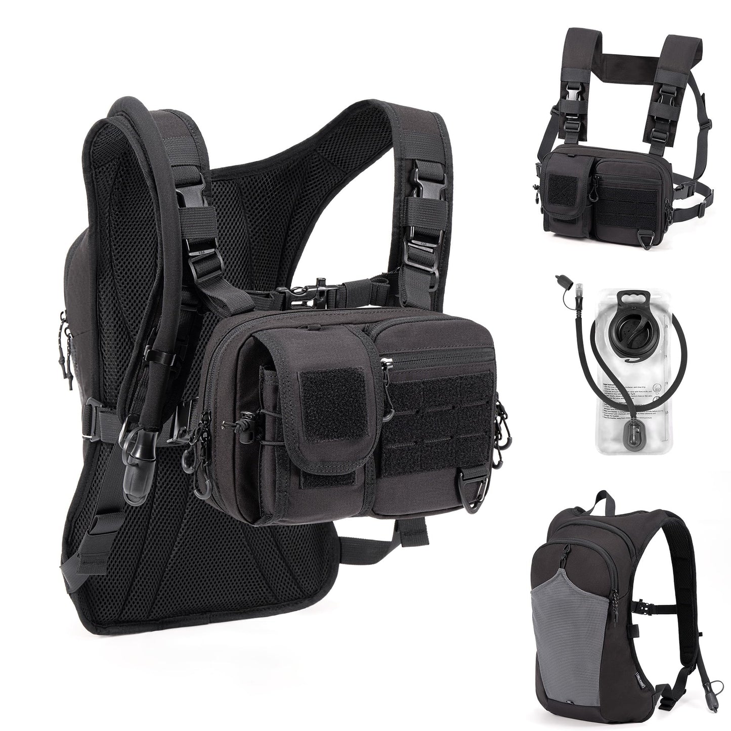CLTAC 2-in-1 Tactical Chest Pack & Hydration Backpack with 2.5L Water Bladder, Modular Molle Hydration Vest, 500D Nylon Lightweight Running Water Bag for Gravel Cycling, MTB, Hiking, Enduro - Black