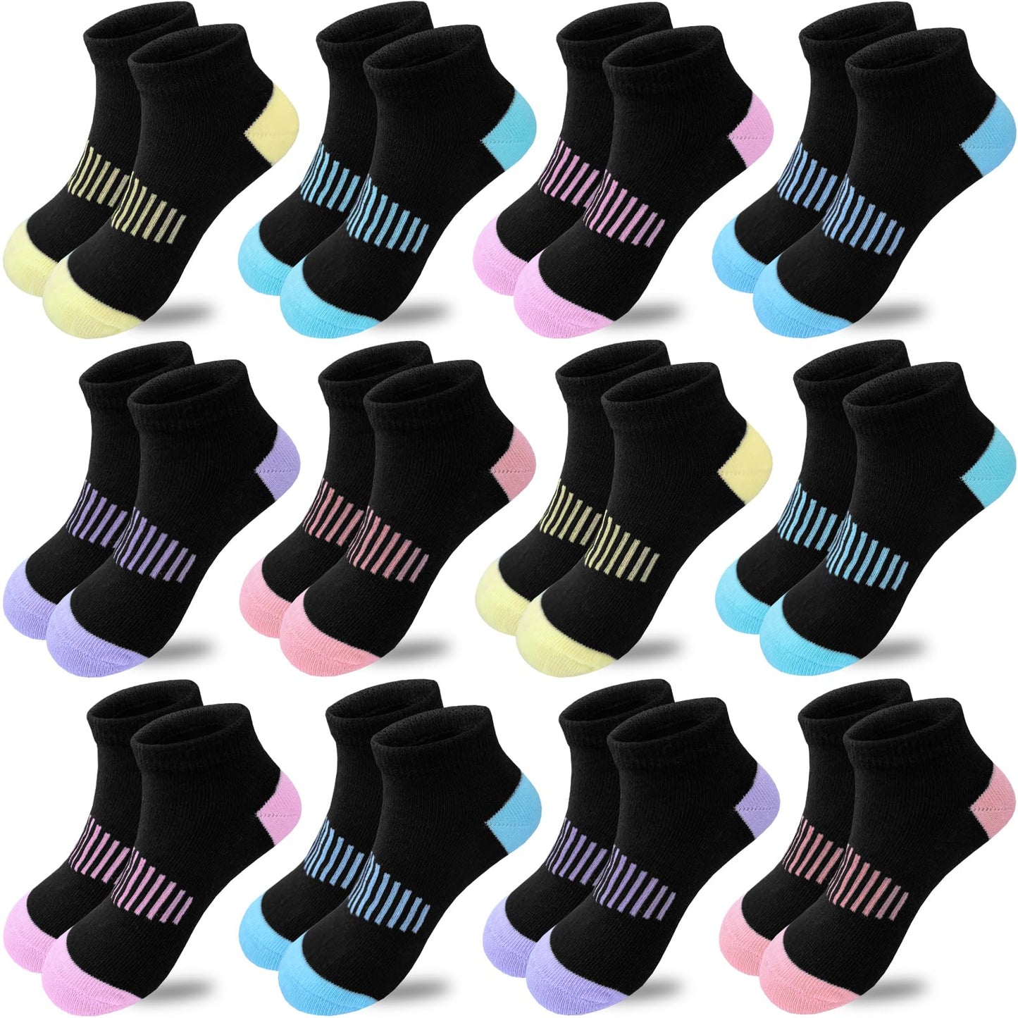 Tsmollyu Girls Socks 12 Pairs Ankle Socks for Girls Kids Athletic Cotton Sports Sock Running Low Cut Sock(7-10 Years)