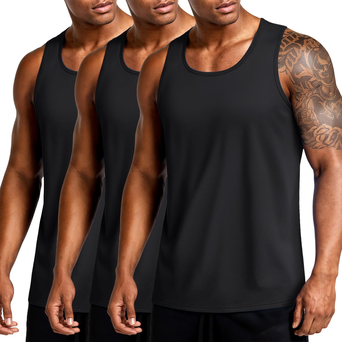 TACVASEN Men's 3 Pack Workout Tank Tops Sleeveless Shirt UPF Summer Quick Dry for Running Swim Gym Beach Black/Black/Black