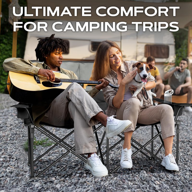 ZENTA GEAR Oversized Fully Padded Double Camping Chair, Portable Folding Loveseat w/Side & Back Pockets, Adjustable Armrests, Double-Sized Cup Holders for Outdoor, Indoor, Supports 530LBS (Black)