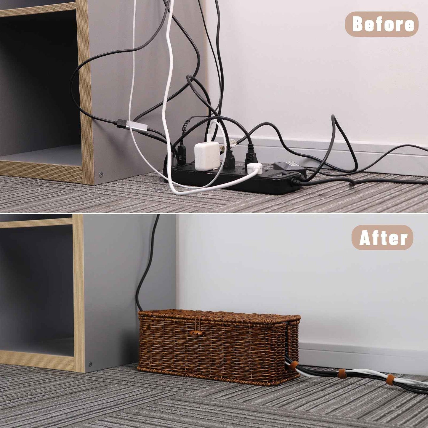BROWNLILY Cable Management Box, Rattan Style Cord Organizer for Desk Cord Hider Outlet Covers Baby Proofing for Power Strip TV PC Router Charger Under Desk Storage with Lockable Lid and Cable Ties