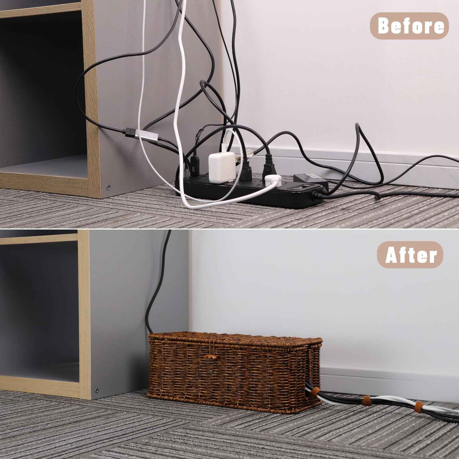 BROWNLILY Cable Management Box, Rattan Style Cord Organizer for Desk Cord Hider Outlet Covers Baby Proofing for Power Strip TV PC Router Charger Under Desk Storage with Lockable Lid and Cable Ties