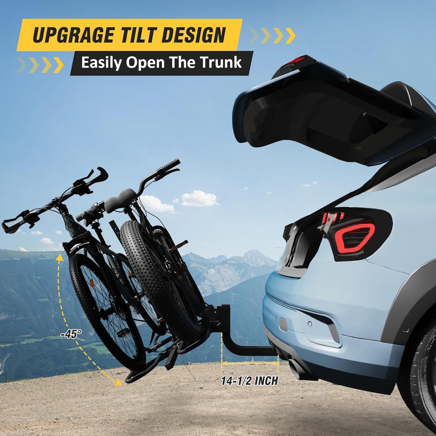 Skiennix Hitch Bike Rack - Wobble-Free Smart Tilting Design | 2-Bike Capacity, 200 lbs, Fits Standard & Fat Tire E-Bikes