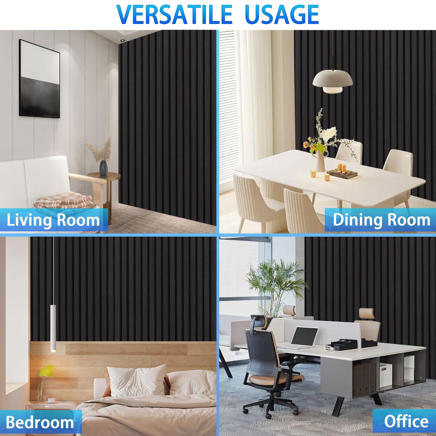 Taaizau 3D Slat Acoustic Wall Panels with Wood Finish Accent, 2 Pack Sound Absorbing Paneling for Studio, Office, Living Room, Bedroom Interior Decor (Matte Black, 48''L x 24''W)