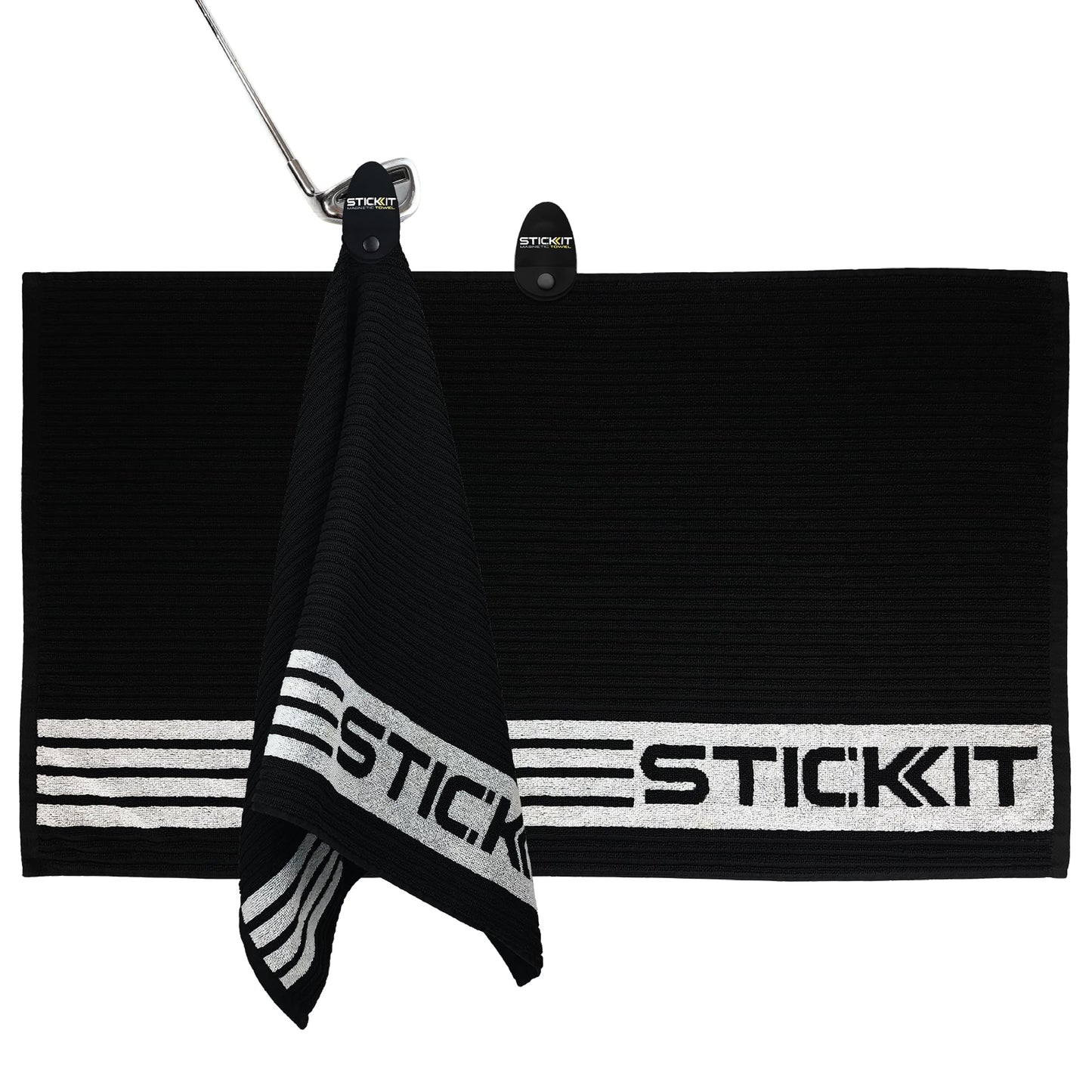STICKIT XL Magnetic Golf Towel - Ultra Durable Cotton Terry Weave with Removable Magnet - Large Golf Towel for Bags, Caddies & Carts - Removes Dirt, Grass, & Debris from Club Face - 36” x 20” (Black)
