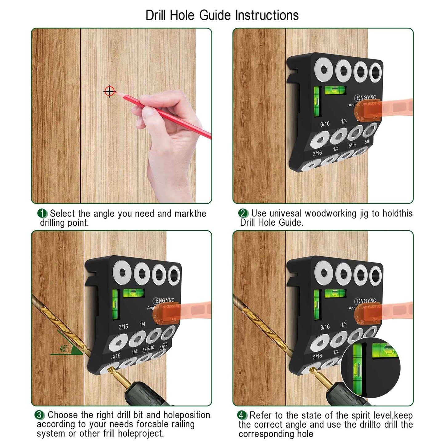 ENGYNC 30 45 90 Degree Angled Drill Guide Jig with 2 Torpedo Level, 4 Sizes Portable Drilling Hole Guide Jig for Straight and Angle Stairs Handrail, Cable Railing, Deck, Wood Post Level Design
