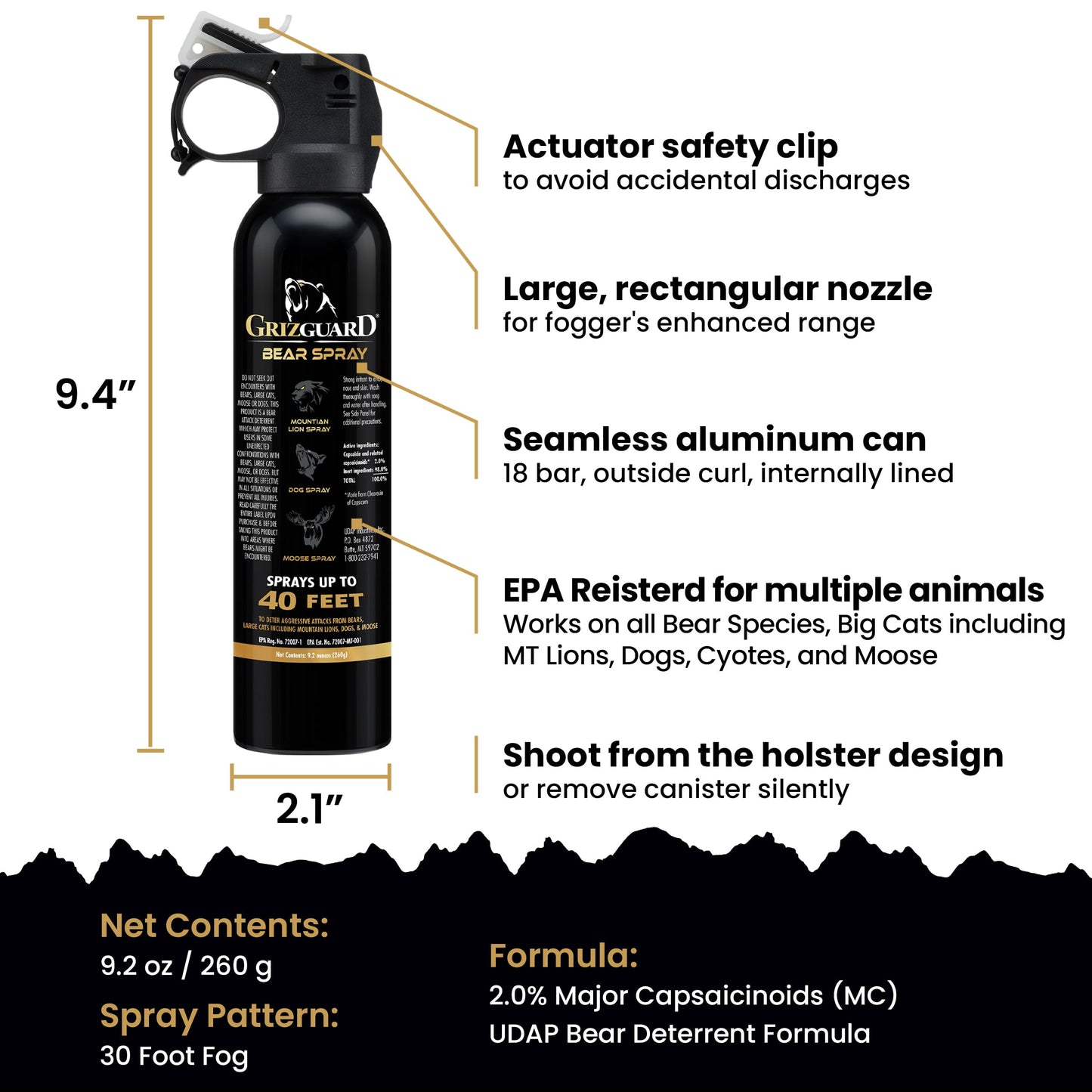 Griz Guard 260GG2 Bear Spray W/Holster 40 ft Range, Max Strength, EPA-Registered Spray for Bears, Mountain Lions, Coyotes, Dogs, & Moose, Outdoor Hiking & Camping Protection, Glow Safety, 9.2oz, 2PK